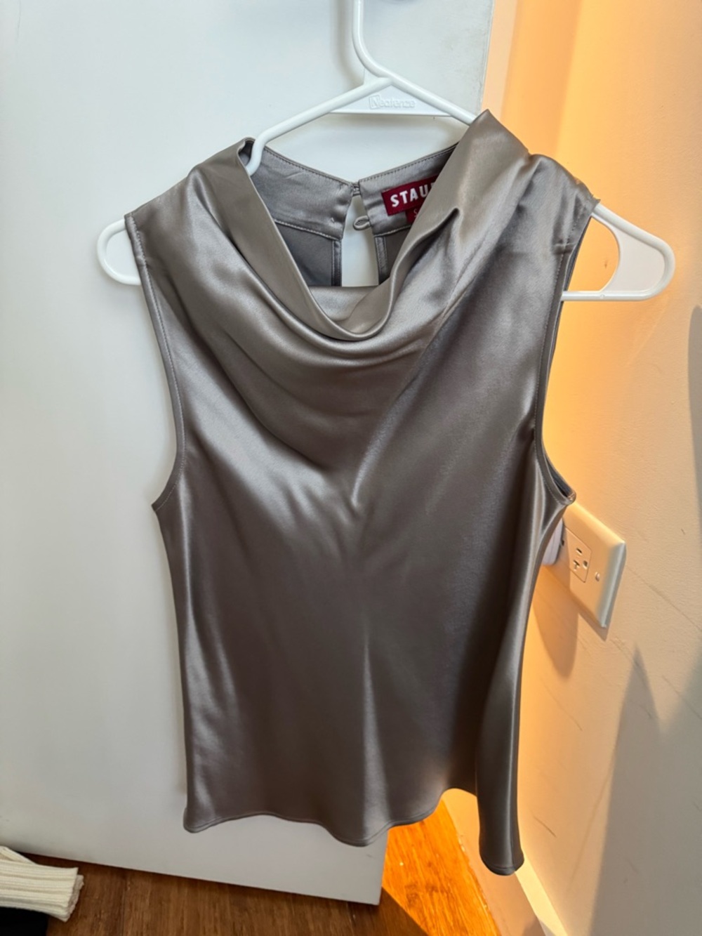 STAUD Satin Cowl Neck Camisole in Silver Gray